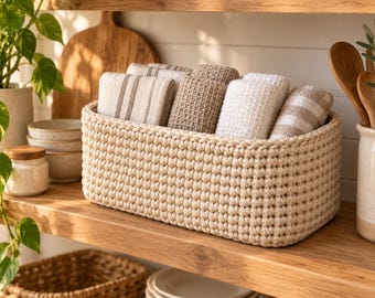 Patrón de cesta organizadora de tapas de ollas a crochet, almacenamiento de cocina en tonos neutros (PDF)