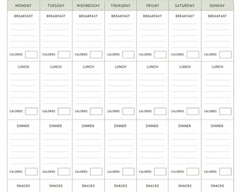 Planificador semanal de comidas y registro de calorías imprimible, PDF tamaño A4 (descarga digital)