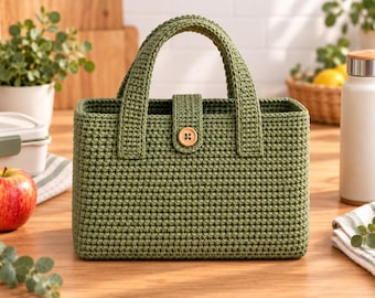 Patrón de bolso de almuerzo de ganchillo verde oliva, bolso de algodón con cierre de botón (descarga en PDF)