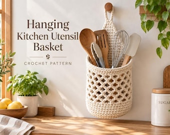 Patrón de ganchillo para cesta colgante de utensilios de cocina, ideal para principiantes (descarga en PDF)