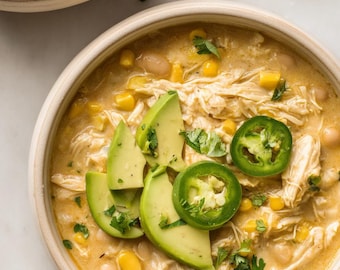 Tarjeta de receta de chili blanco de pollo saludable / Receta paso a paso imprimible
