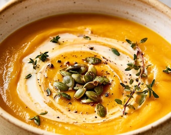 Receta de sopa reconfortante de calabaza moscada – Comida cremosa y fácil para el otoño / PDF imprimible paso a paso