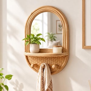 May include: An oval wall mirror framed in light brown rattan with a built-in shelf and three wooden pegs. A small green plant in a white pot and a white candle sit on the shelf. A patterned fabric hangs from the center peg of the woven rattan base.