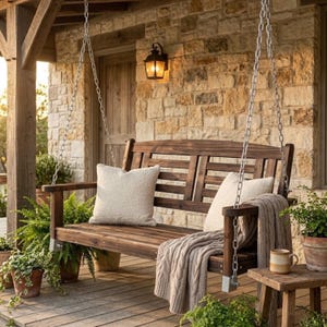 May include: A dark brown wooden porch swing suspended by metal chains, featuring a slatted backrest and seat. Two cream-colored textured throw pillows and a beige cable-knit throw blanket are placed on the seat of the wooden bench swing.