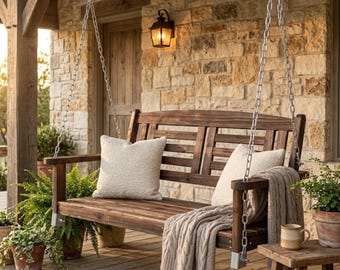 44" Acacia Wood Porch Swing, Carbonized Outdoor Hanging Bench with Reclined Backrest