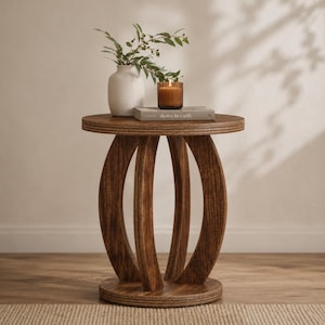 May include: A round wooden side table with a dark brown finish and curved legs. On the table sits a textured off-white vase containing green leafy branches, a brown glass candle holder with a lit candle, and a book titled down to earth.