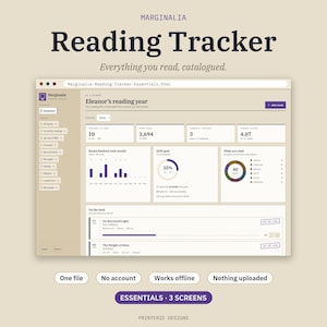 May include: A digital reading tracker interface titled Marginalia Reading Tracker, Everything you read, catalogued. The dashboard displays Eleanor's reading year with statistics, charts, and book lists. Includes buttons for One file, No account, Works offline, Nothing uploaded, and Essentials 3 screens.