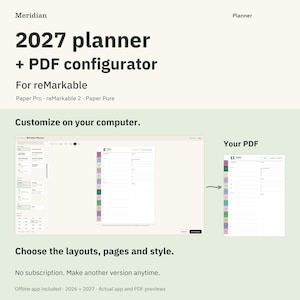 May include: A 2027 digital planner and PDF configurator for reMarkable Paper Pro, reMarkable 2, and Paper Pure. The interface displays customization options for layouts, pages, and styles, showing a preview of a monthly calendar page with colored tabs.