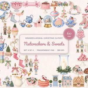 May include: A collection of watercolor illustrations featuring pink and blue Christmas-themed items including nutcrackers, cakes, sweets, toys, a pink car, and houses. The central text reads: GRANDMILLENNIAL CHRISTMAS CLIPART Nutcrackers & Sweets.