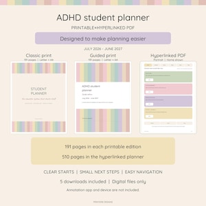 May include: An ADHD student planner digital file set featuring a classic print, guided print, and hyperlinked PDF. The designs include pastel vertical stripes, 191 pages for printable editions, 510 pages for the hyperlinked version, and text labels.