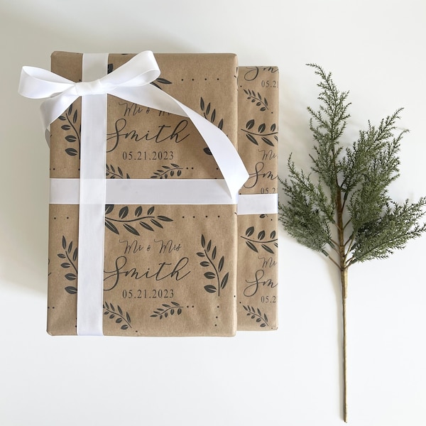 Boho wedding gift wrap, Personalized name Kraft paper wrapping paper, customize with your name for the new Mr and mrs