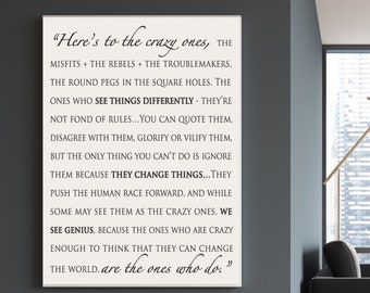 Steve Jobs. Inspirational Quotes wall art, Here's to the crazy ones, custom canvas