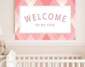 Welcome To My Crib Banner:  Plaid Border Canvas Wall Art | Linen-Style Print