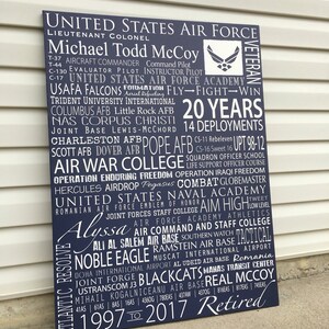 May include: A navy blue wooden sign with white text commemorating a United States Air Force veteran's 20 years of service. The sign lists the veteran's name, rank, and various military assignments, including deployments, training, and bases. The sign also includes the text "1997 to 2017 Retired".