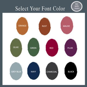 Puede incluir: Imagen que muestra una tabla de colores con el texto "Seleccione el color de su fuente". La tabla presenta diez muestras de color: naranja, &oacute;xido, malva, oliva, verde, rojo, ciruela, gris azulado, azul marino, carb&oacute;n y negro. Un c&iacute;rculo peque&ntilde;o dice "RED BARN CANAVS."