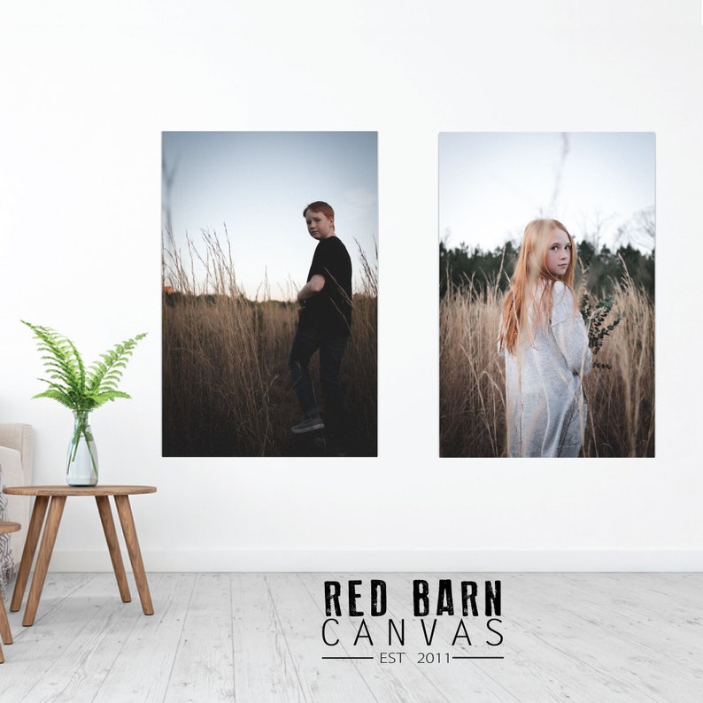 May include: Two portraits of children standing in a field of tall grass. The boy is wearing a black shirt and the girl is wearing a grey sweater. The background is a blurred field of tall grass.