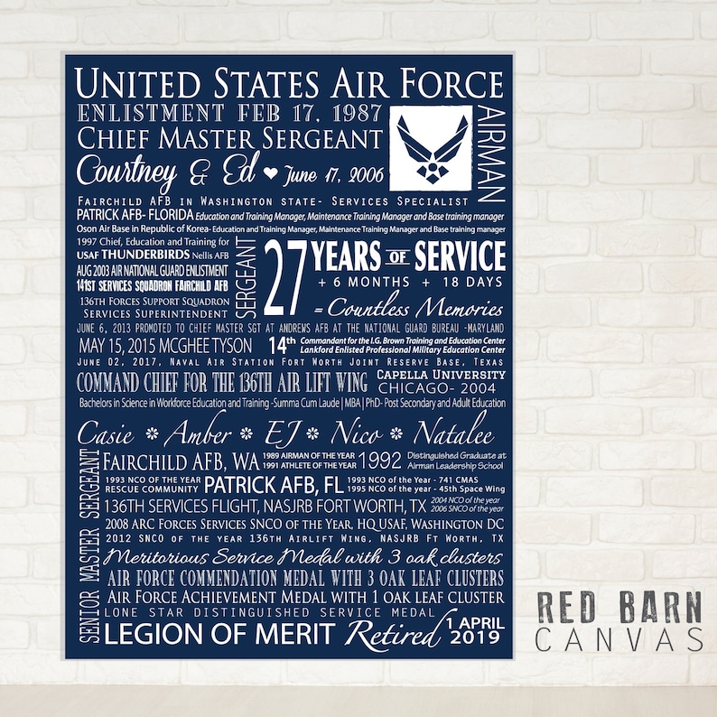 Regalo de jubilación militar de la USAF en lienzo envuelto en galería, personalizado para cualquier rama del servicio. imagen 1