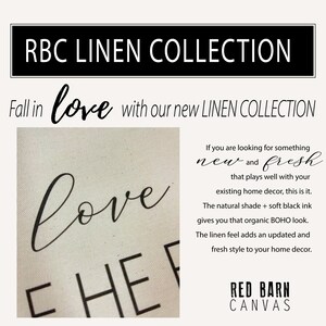 May include: A close-up of a linen canvas print with the word "love" written in black cursive script. The text "RBC LINEN COLLECTION" is written in black text at the top of the image. The text "Fall in love with our new LINEN COLLECTION" is written in black text below the image. The text "RED BARN CANVAS" is written in black text at the bottom of the image.