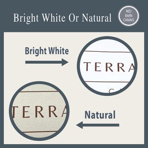 Puede incluir: Una imagen que compara dos opciones de tela: Blanco Brillante y Natural. Cada opci&oacute;n se muestra dentro de un marco circular, con la palabra "TERRA" impresa en marr&oacute;n oscuro. El texto "Bright White Or Natural" est&aacute; en la parte superior, con el nombre de la marca "RED BARN CANAVS".