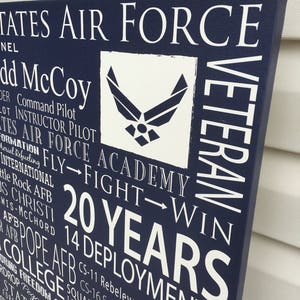 May include: A navy blue canvas print with white text and a white Air Force emblem. The text reads "TATES AIR FORCE", "dd McCoy", "VETERAN", "20 YEARS", "14 DEPLOYMENTS", "UPT 98", "FLY FIGHT WIN", "INTERNATIONAL", "ACADEMY", "COLLEGE", "SQUADRON", "OPERATION", "COMBAT", "NAV", "LIFE SUPPORT", "REBELEVEN", "SWEET 16", "POPE AFB", "CS-11", "CS-16", "CHRISTI", "CHORD", "FREEDOM", "PEGASUS", "FORCE EMBLEM", "AIR FORCE", "STAFF", "SALE", "AIR", "OF HO", "INT FORCES", "STATE", "ARBOO", "TLE ROCK AFB", "COMMAND PILOT", "INSTRUCTOR PILOT", "FORMATION".