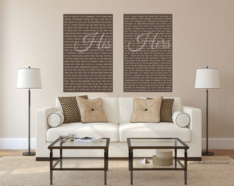 Wedding Vows on Canvas, Second cotton anniversary gift, His and Hers Custom Wedding Vow Art