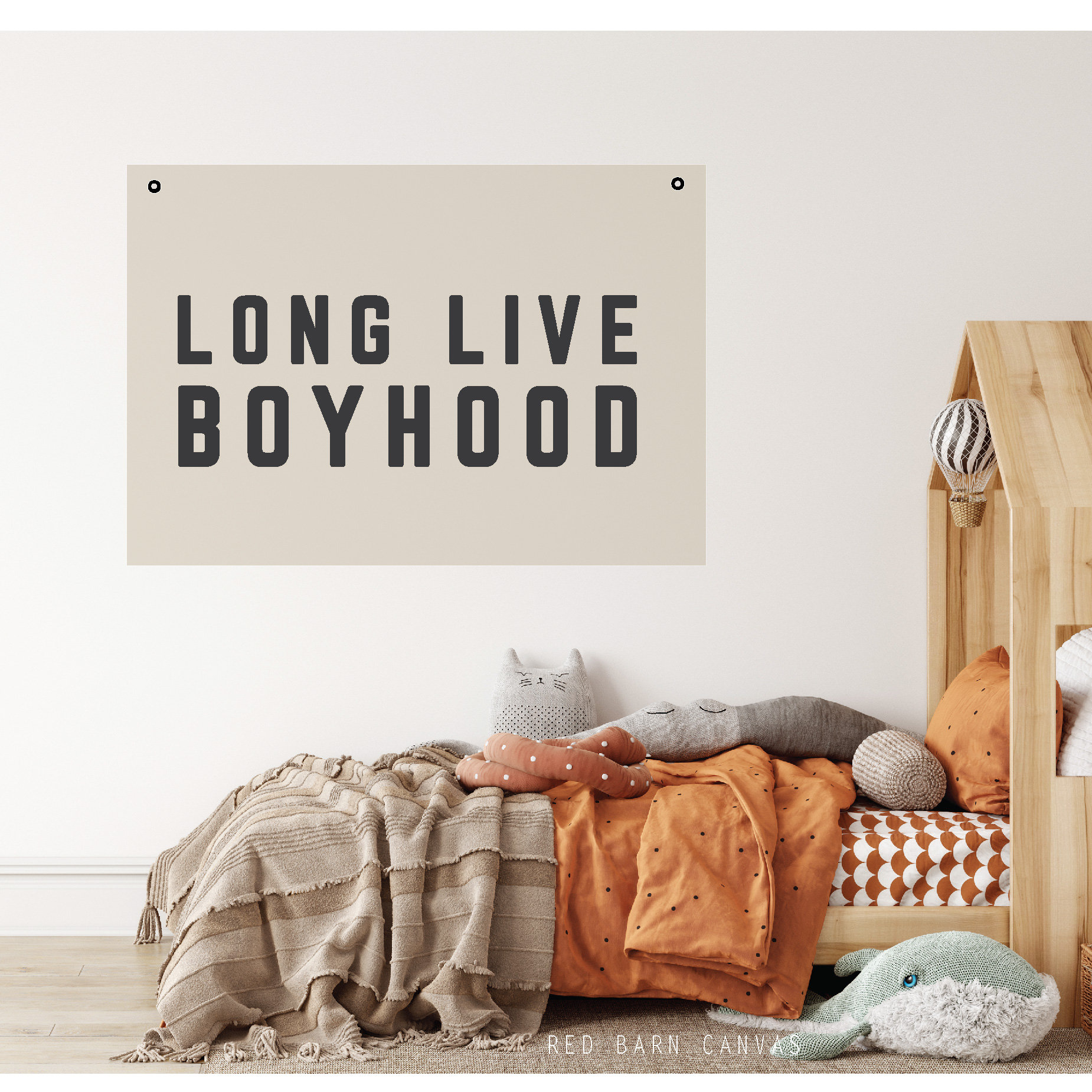 LONG LIVE BOYHOOD Canvas Wall Hanging – Natural Canvas Wall Flag, Rustic Nursery Banner, Minimalist Playroom Wall Art