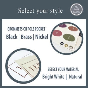 Puede incluir: Imagen que muestra opciones para seleccionar estilo y material. El texto dice "Selecciona tu estilo", "Ojales o bolsillo para barra", con opciones de color Negro, Lat&oacute;n y N&iacute;quel. Tambi&eacute;n, "Selecciona tu material" con opciones Blanco Brillante y Natural.
