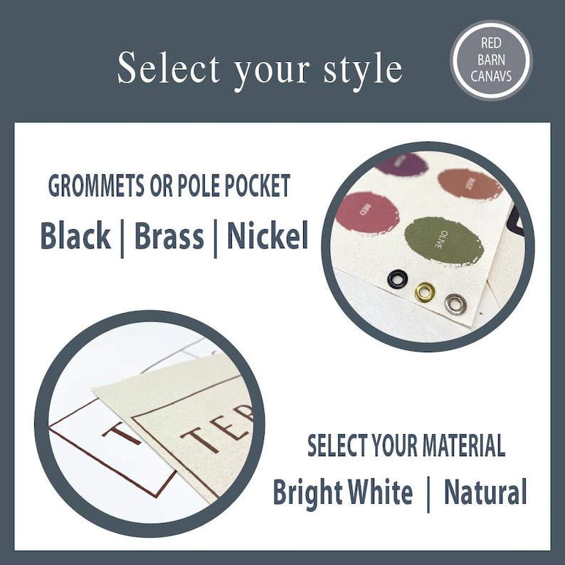 Puede incluir: Imagen que muestra opciones para seleccionar estilo y material. El texto dice "Selecciona tu estilo", "Ojales o bolsillo para barra", con opciones de color Negro, Lat&oacute;n y N&iacute;quel. Tambi&eacute;n, "Selecciona tu material" con opciones Blanco Brillante y Natural.