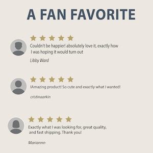 Puede incluir: Gr&aacute;fico 'Un favorito de los fans' con rese&ntilde;as de clientes. El texto incluye: 'Couldn't be happier! absolutely love it...' y 'Amazing product! So cute...' y 'Exactly what I was looking for...' Cada rese&ntilde;a tiene una calificaci&oacute;n de 5 estrellas.