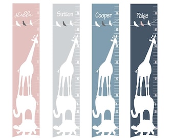Personalized Canvas Growth Chart: Safari Nursery Decor features Giraffe, Elephant and Turtle