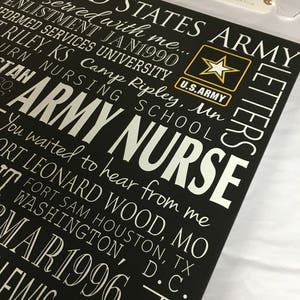 May include: A black wooden sign with white text that reads "United States Army Letters You served with me... Enlistment Jan 1990 Formed Services University Riley, KS Camp Ripley, Mn U.S. Army  Army Nurse You waited to hear from me... Fort Leonard Wood, MO Fort Sam Houston, TX Washington, D.C. Mar 1996 Lewis, WA"