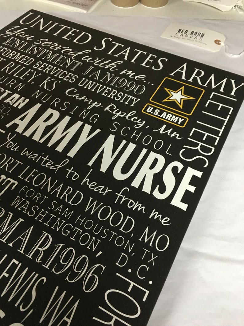 May include: A black wooden sign with white text that reads "United States Army Letters You served with me... Enlistment Jan 1990 Formed Services University Riley, KS Camp Ripley, Mn U.S. Army  Army Nurse You waited to hear from me... Fort Leonard Wood, MO Fort Sam Houston, TX Washington, D.C. Mar 1996 Lewis, WA"