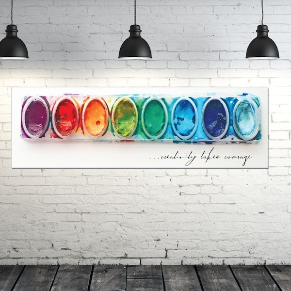 Watercolor Paint Palette Canvas, Creativity Takes Courage, Art Quote – Artist Studio Wall Decor, Colorful
