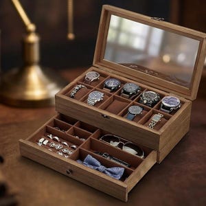 May include: A wooden watch and accessory storage box with a hinged glass lid. The top tier features multiple compartments for wristwatches, while the pull-out drawer below contains sections for rings, cufflinks, sunglasses, and a blue bow tie.