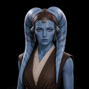 May include: A blue-skinned humanoid bust featuring two long head-tails, known as lekku, draped over the shoulders. The figure wears a brown headband with metallic accents and a layered brown and cream-coloured tunic, set on a circular black base.