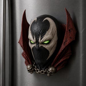 May include: A three-dimensional magnet featuring the head of the character Spawn with a black and white mask, glowing green eyes, a high-collared red cape, and a silver chain necklace adorned with two small skull charms at the base of the neck.