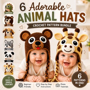 Può includere: Un set di schemi all'uncinetto intitolato 6 Adorable Animal Hats con istruzioni per dinosauro, orso, cucciolo, lupo, panda e giraffa. L'immagine mostra due cappelli, un orso marrone e una giraffa, con paraorecchie intrecciati e volti di animali.