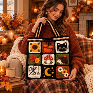 Halloween Granny Square Tote Bag Crochet Pattern PDF, Spooky Patchwork Purse with 9 Motifs, Fall Pumpkin Autumn Bag