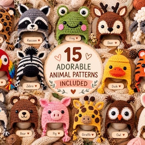 15 Crochet Animal Hat Patterns Bundle PDF | Cute Baby & Adult Crochet Beanie Pattern Set | Dinosaur Bear Panda Tiger Frog Crochet Pattern
