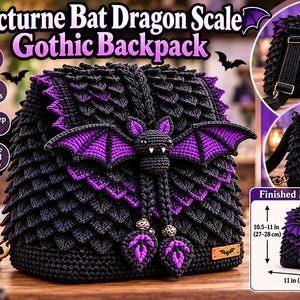 Può includere: Uno zaino all'uncinetto nero e viola con una trama a scaglie di drago e un motivo a pipistrello. La borsa presenta una decorazione centrale a forma di pipistrello, spallacci regolabili e misura 27-28 cm in altezza, 28 cm in larghezza e 11,5 cm.