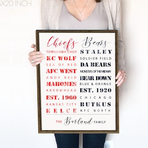 Kansas City Chiefs / Chicago Bears House Divided Print or Canvas. Chiefs, Bears, Personalised