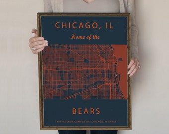 Map of Chicago Illinois, Soldier Field, Soldier Field sign, Soldier Field Poster, Chicago Bears Sign, Gift for Chicago Bears Fan, stadium.