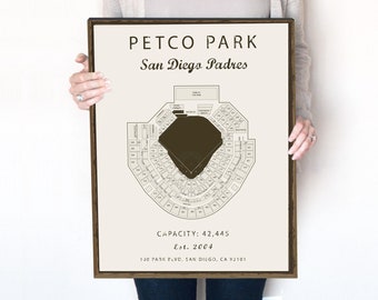 Petco Park, San Diego Padres, MLB Seating Chart, Print or Canvas Stadium Blueprint, Pro baseball sports memorabilia and gifts for men.