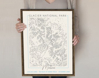 Glacier National Park topography map, Montana, National Park Art, hiking gift, outdoors art, topographic map, gift for him, adventure map.
