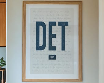 Detroit Lions Wall Art | Vintage DET Print or Canvas | Iconic Lions Players and Phrases Typography Design | NFL Blue Football Decor
