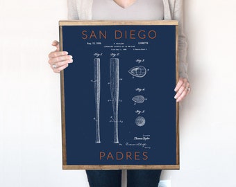 San Diego Padres Print. Baseball Bat Patent Prints. Sports Patent Prints. Padres Decor. Print. Home office Padre decor. Vintage Padres.