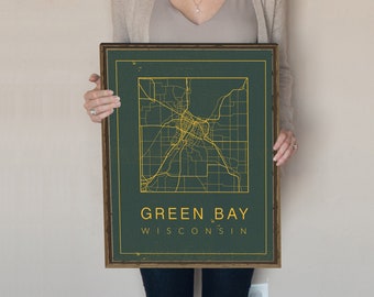 Green Bay Map, Green Bay Packers, Map of Green Bay Wisconsin, Gift for packers fan, map of Wisconsin. Office Decor, sport art for boys room.