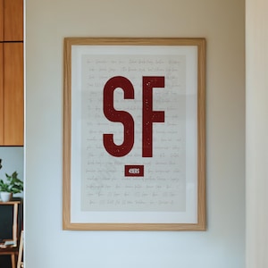 Arte mural de los San Francisco 49ers / Impresión o lienzo vintage de San Francisco / Diseño tipográfico con palabras y frases icónicas de los 49ers / Decoración de fútbol rojo y dorado