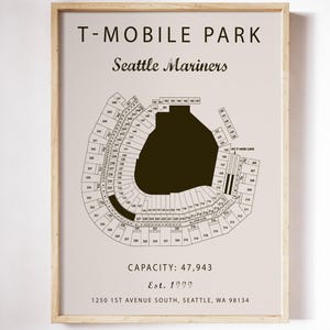 May include: A framed print featuring a diagram of T-Mobile Park, home of the Seattle Mariners. The graphic shows the stadium seating layout, capacity of 47,943, established year 1999, and the address 1250 1st Avenue South, Seattle, WA 98134.