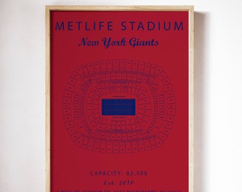 New York Giants, Metlife Stadium, Print or Canvas Stadium Blueprint, Pro football sports memorabilia and gifts for men.